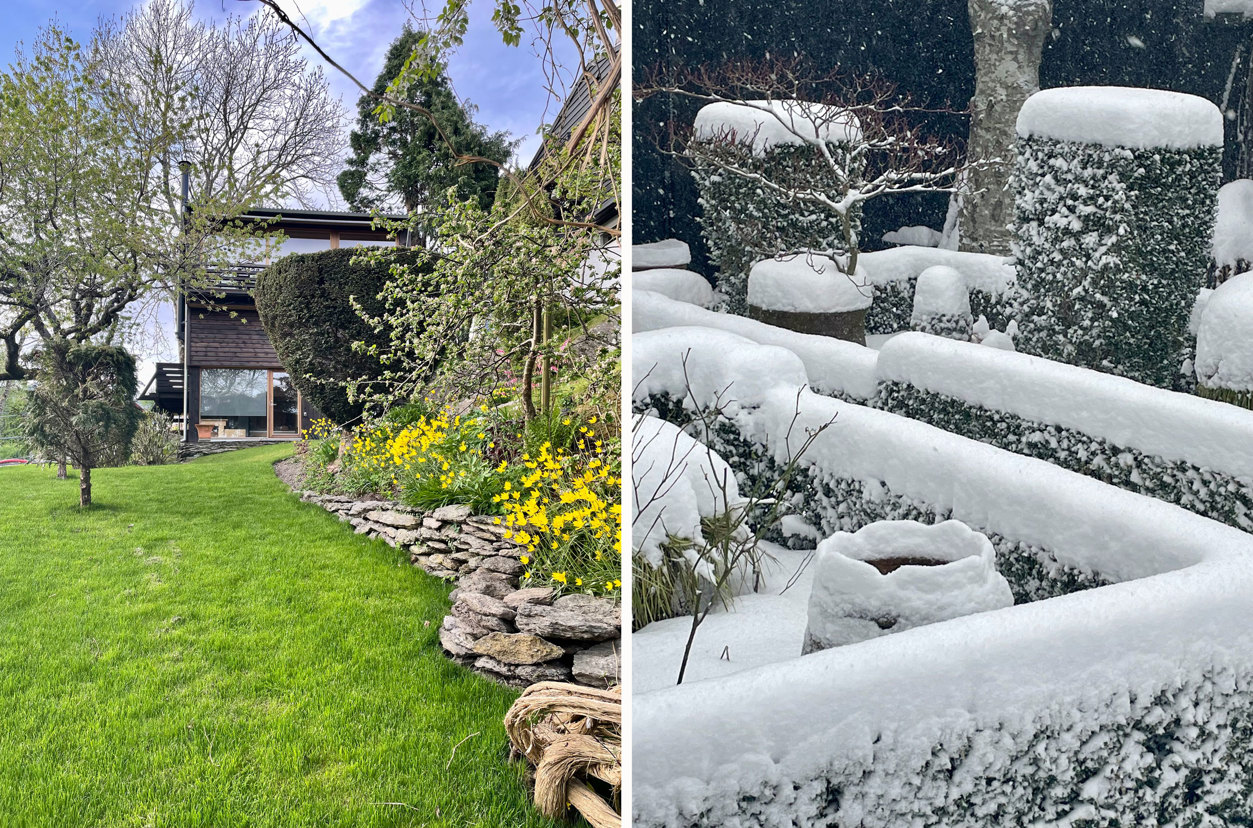 Ett sommerbilde fra hagen med huset i bakgrunnen, og et vinterbilde av hagen dekket med snø.