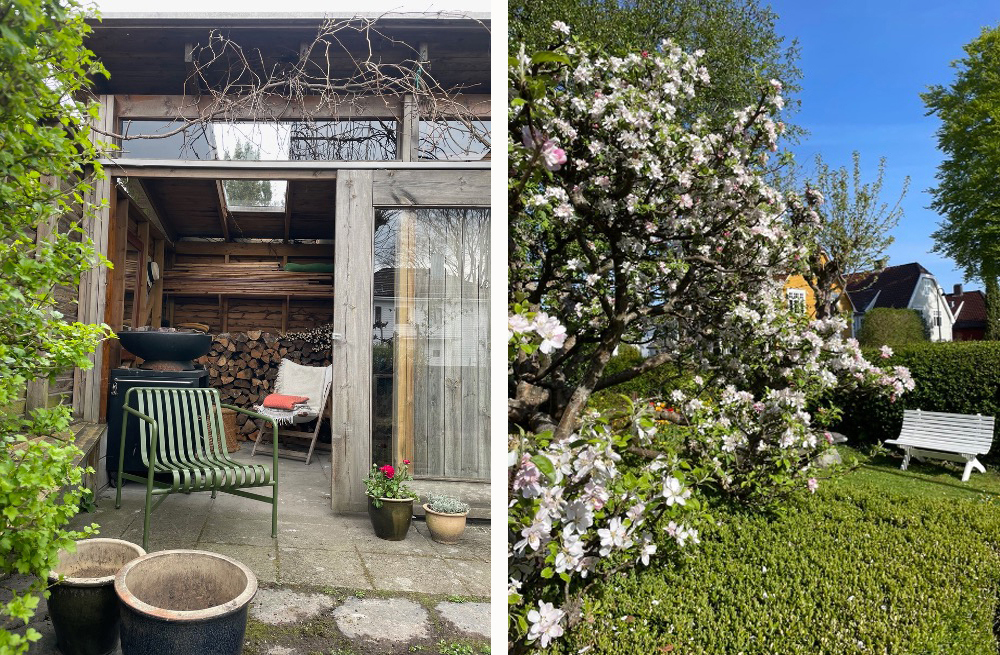 Vedbod med stol utenfor, og et bilde fra hagen med en hvit benk.