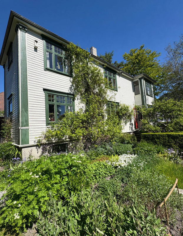 Frodig hage med planter tett i tett, også oppover fasaden.