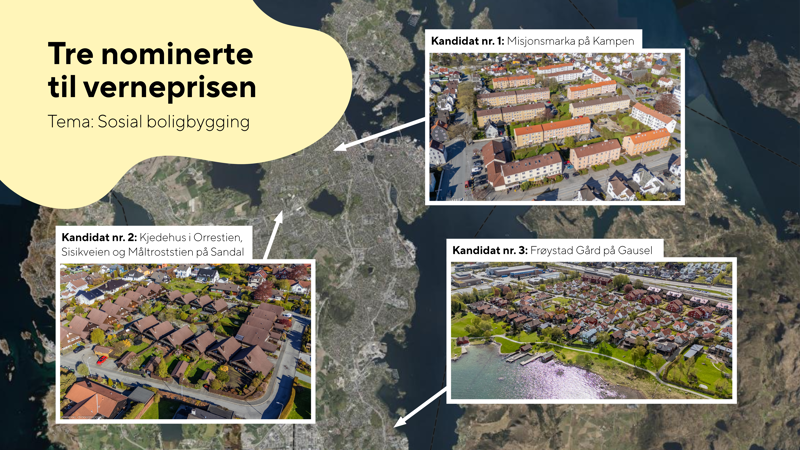 Kart over Stavanger, med bilder av de tre nominerte og piler til hvor de befinner seg. 