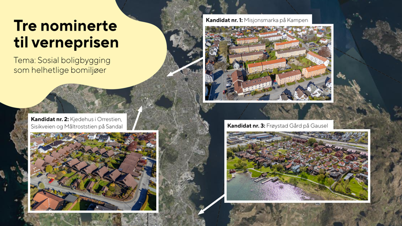 Kart over Stavanger, med bilder av de tre nominerte og piler til hvor de befinner seg. 
