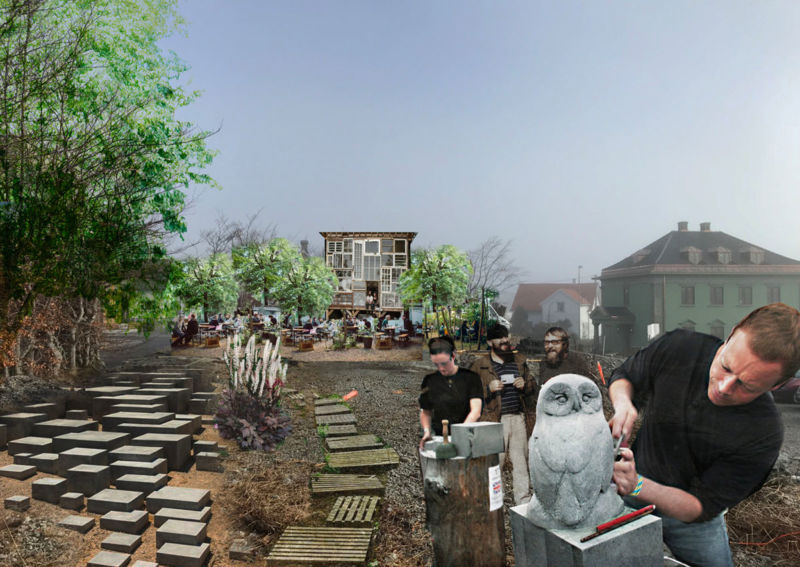 Illustrasjon av midlertidig byrom, med steinhogging i forgrunnen. 