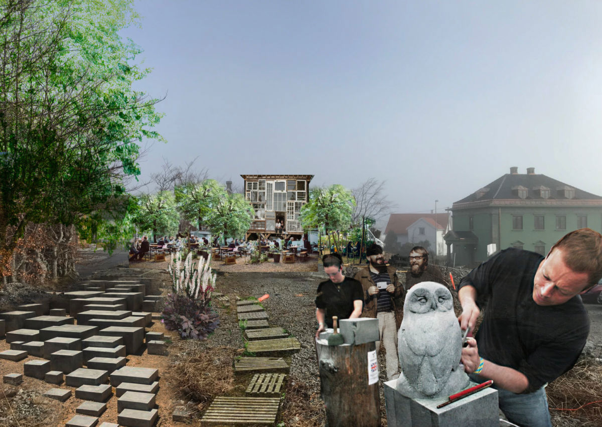 Illustrasjon av midlertidig byrom, med steinhogging i forgrunnen.