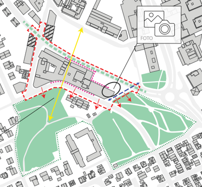 Kart over planlagt bygg og uteareal rundt, med piler og forklaringer. Kun et skissebilde. 