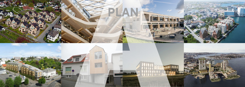 Kollasj med bilder av nyere bygg i Stavanger. Ordet "Plan" og en stor A ligger oppå bildene. 