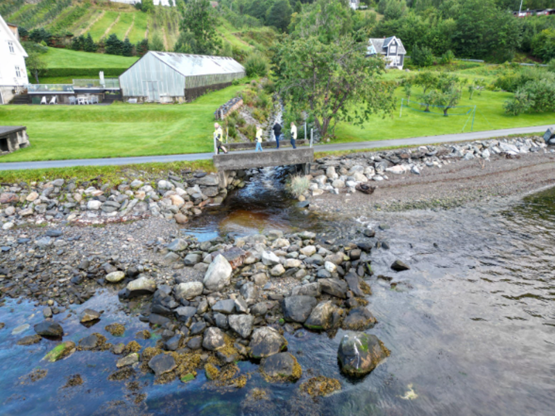 fire personer går på Skår bru på Ombo