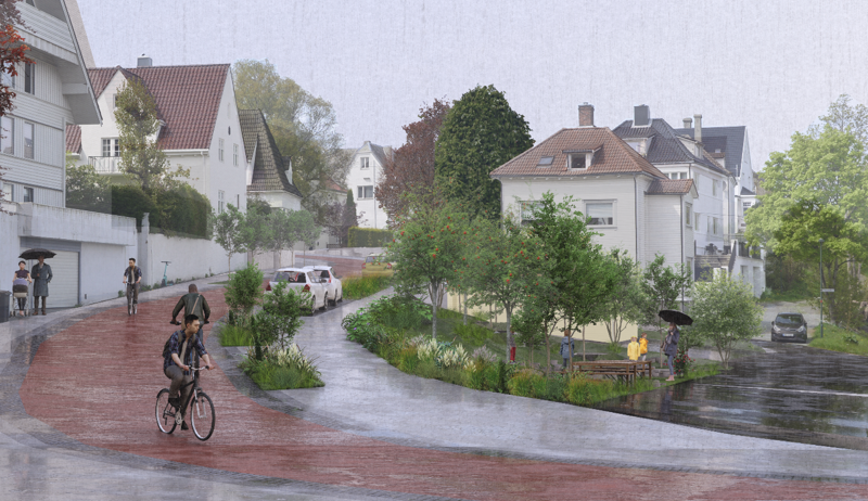 Boliggate med rødt dekke, trehus på begge sider og en syklist.