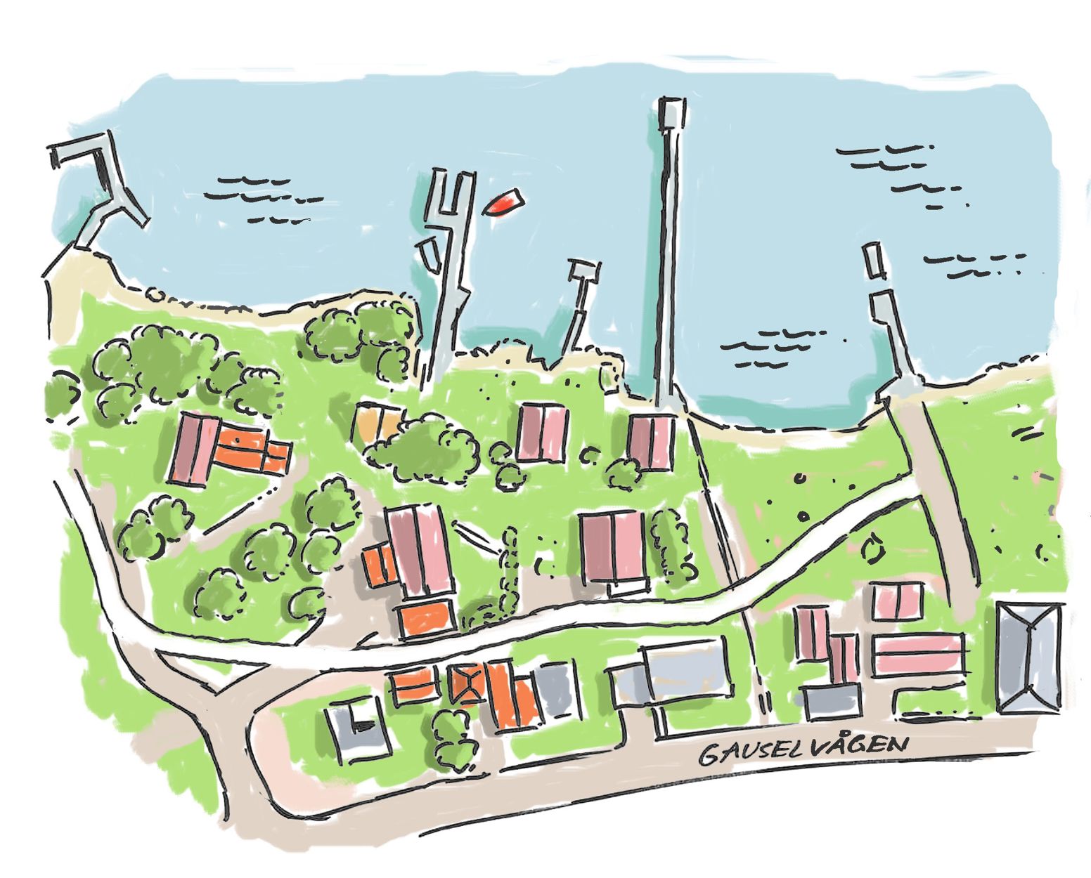 Tegning av tursti langs kysten, i fugleperspektiv