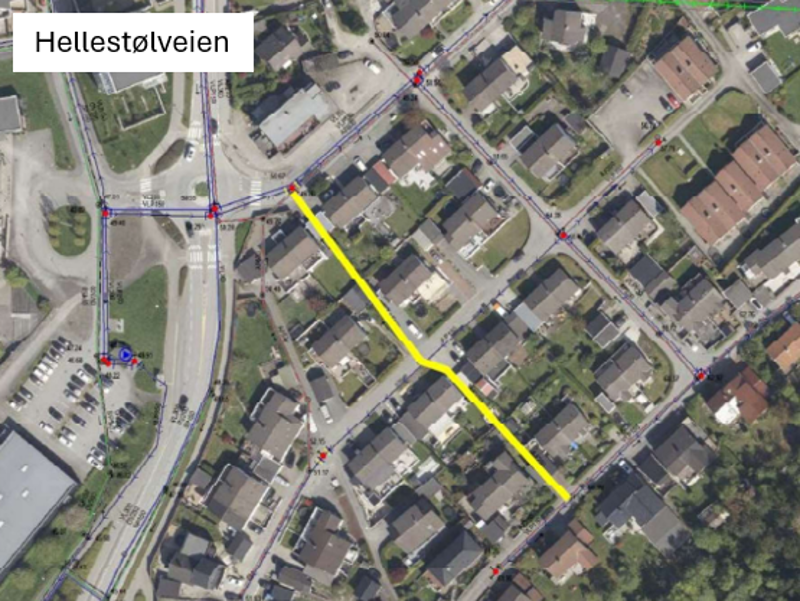 Oversiktsbilde av Tasta med merking av Hellestøveien