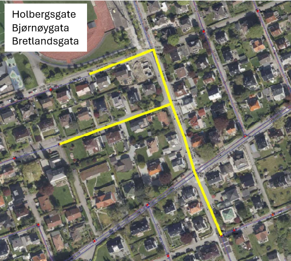 Kart over Eiganes med merking av Holbergsgata, Bjørnøygata og Bretlandsgata