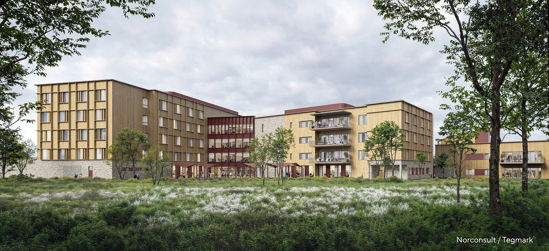 Tegning av sykehjemsbygg i 4-5 etasjer