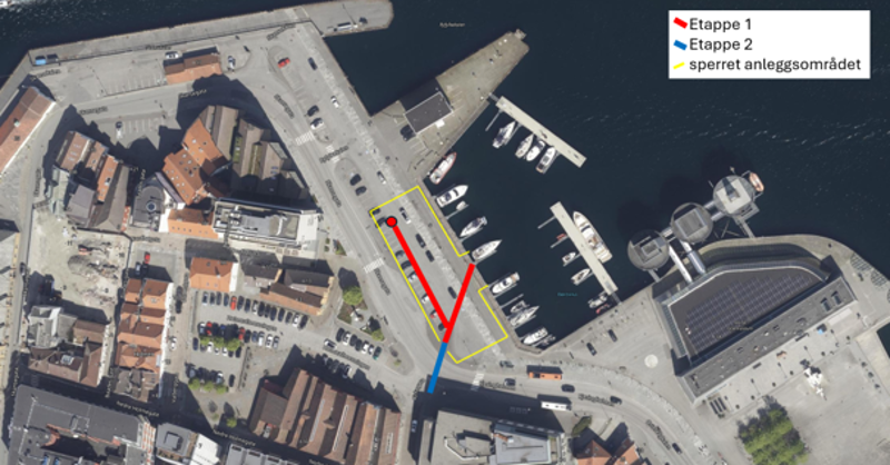 Kjeringholmen i fugleperspektiv. Gravetraséer og avsperret område er markert på bildet.