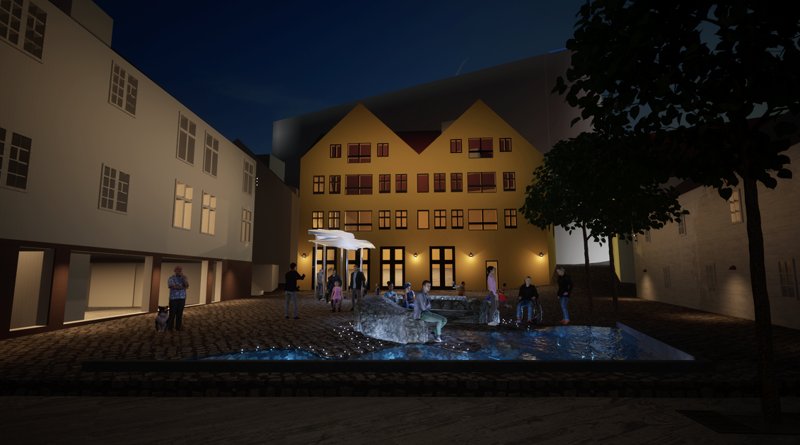 Illustrasjon av plassen – kveldstid med folk på plassen