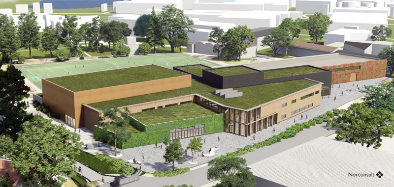 Skisse som viser hvordan aktivitetshuset kan bli, med flate grønne tak.