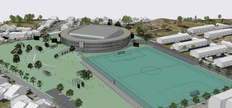 Skisse med idrettsanlegg i forgrunnen og skolebygget i bakgrunnen.