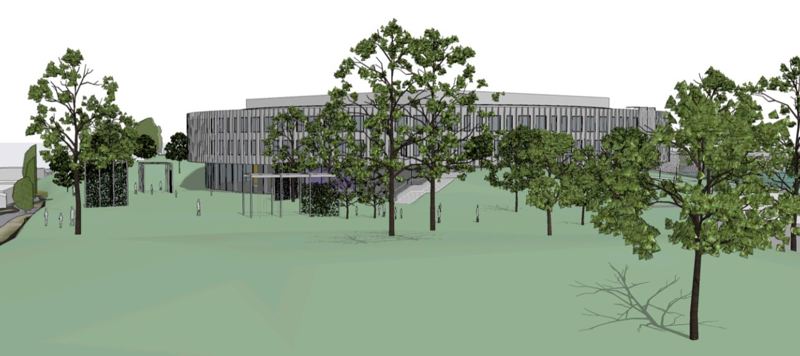 Skisse med plen, trær -- og skolebygget i bakgrunnen