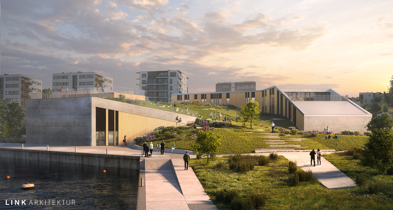 Illustrasjon som viser brannstasjonen, med park på taket.