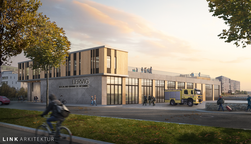 Foreløpig illustrasjon av hvordan brannstasjonen kan se ut fra Breivikveien. 