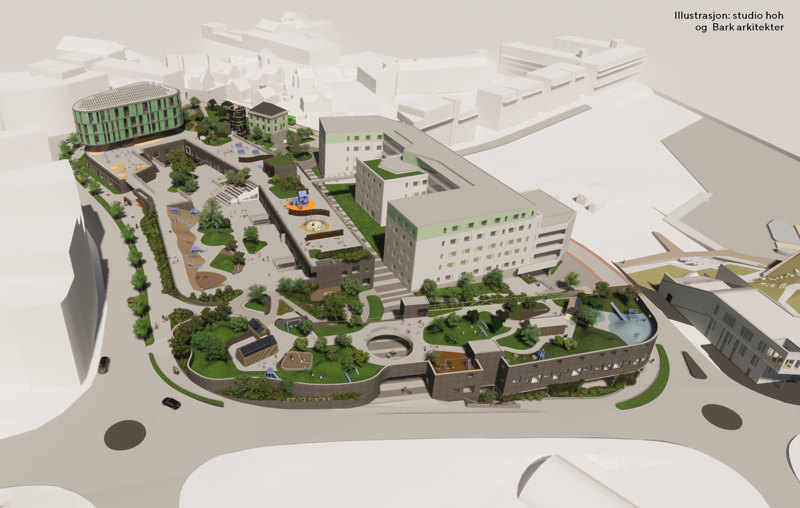 Lervigskvartalet, med tunnelmunningen til venstre i bildet, og den kommende brannstasjonen nede til høyre.