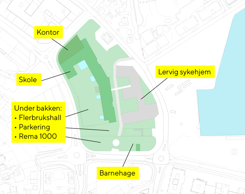 Tegning som viser hvor på tomta de ulike funksjonene skal plasseres. 