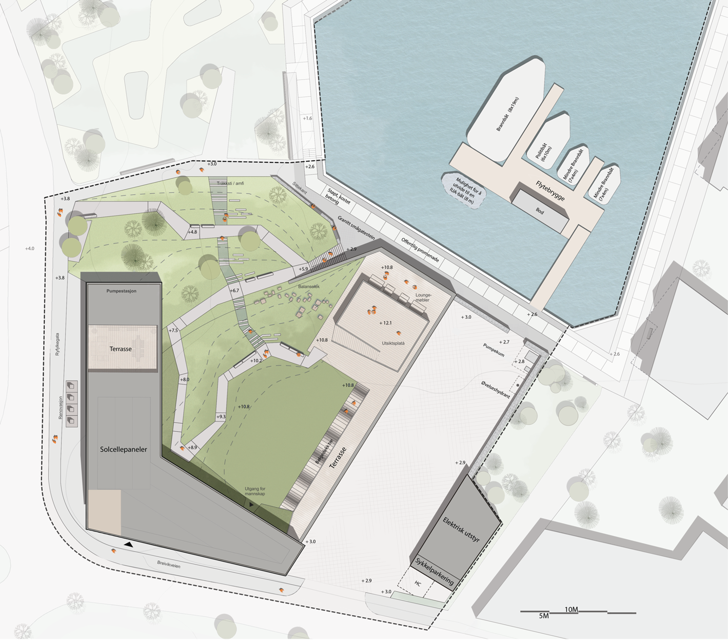 Foreløpig skisse av stasjonen og utearealet sett ovenfra. Det blir promenade langs sjøen.