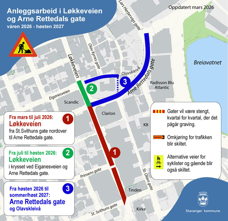 Kart over anleggsområdet og hvor veier og kryss  er stengt