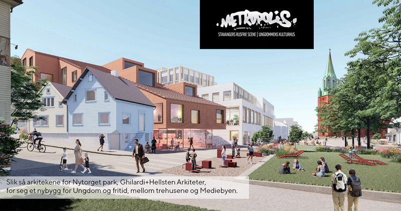 Skisse som viser et tenkt Metropolis og husene rundt