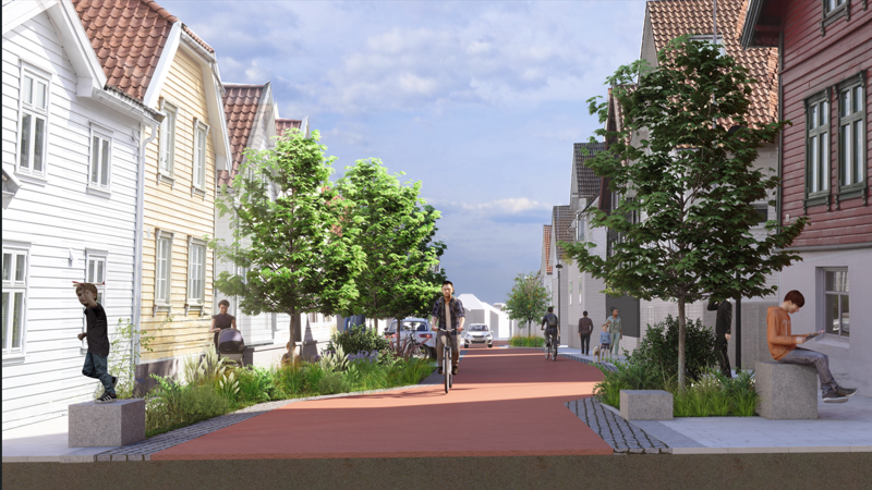 Skisse som viser hvordan det blir seende ut, med nytt rødt dekke i veien, ny beplantning og nye fortau.