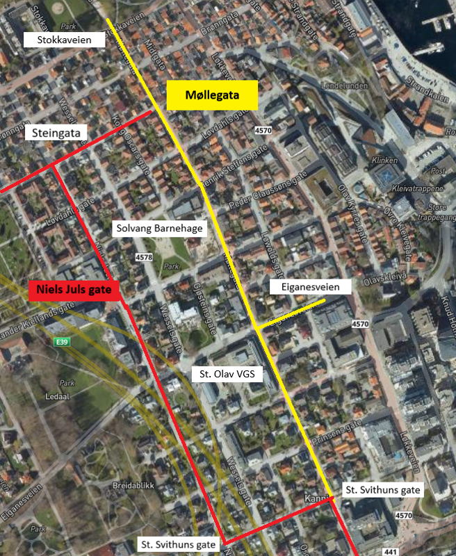 Kart som viser hvordan syklister kan sykle Niels Juels gate mens arbeid pågår i Møllegata