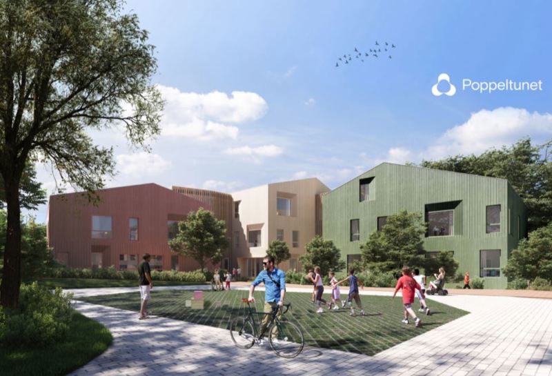 Digital tegning av tre bygninger kledd i tre henger sammen, det er beiset blekt rødt, gult og grønt. Rundt byggene er trær og andre planter, foran bygget av mennesker i aktivitet.