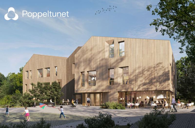 Illustrasjon. Bygg i lyst tre merket "Mosvangen dagsenter". Ved førsteetasjen åpent område med kafé eller lignenende. 