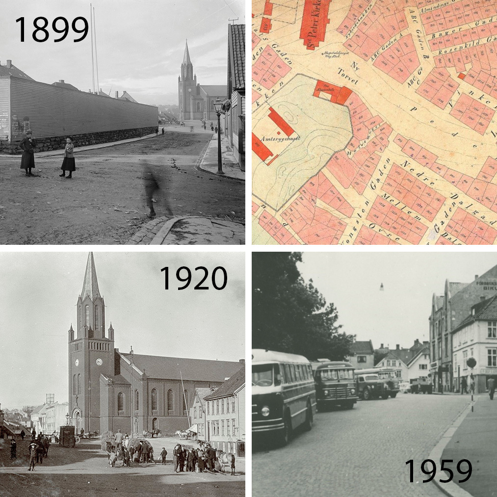 Fire gamle bilder i collage. Ett viser åpen plass med hester i, folk og kirke i 1899, ett er et eldre kart over torget, ett viser et stort plankegjerde langs grusvei mot kirka i 1920 og ett viser busser parkert på Nytorget i 1959.