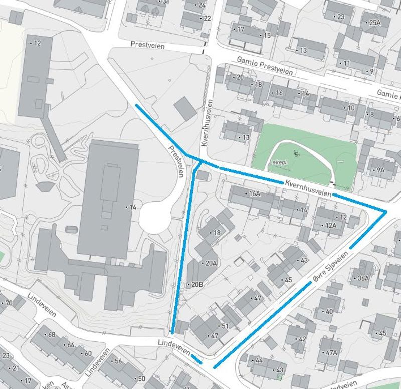 Kart som viser nye vann og avløpsledninger i Prestveien