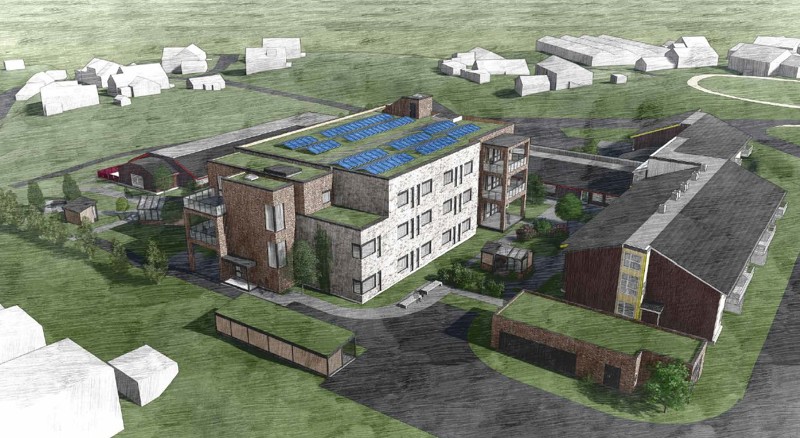 Skisse som viser nybygget, en lavblokk, og  eksisterende bygg.