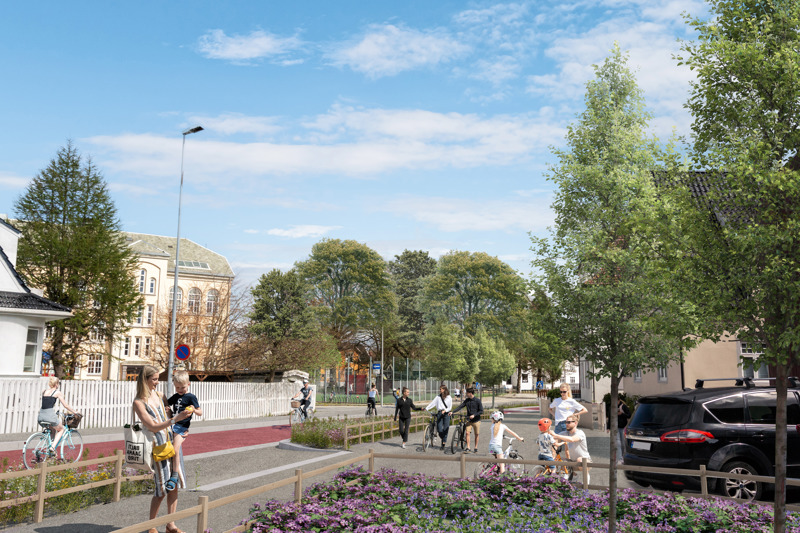 Illustrasjon av sykkelfelt og trafikanter på Våland. 