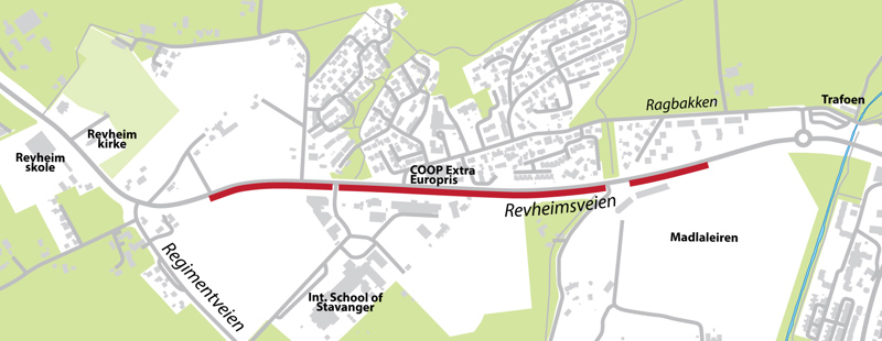 Kart over strekningen der vi graver langs Revheimsveien.