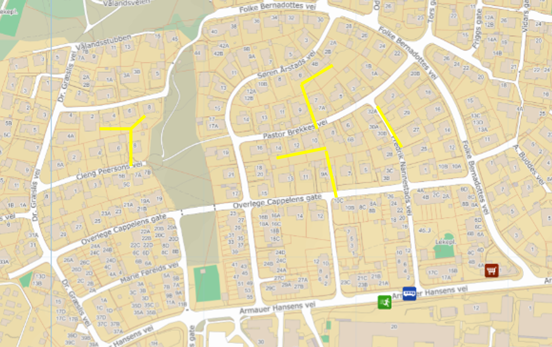 Karty over gater på våland som er berørt