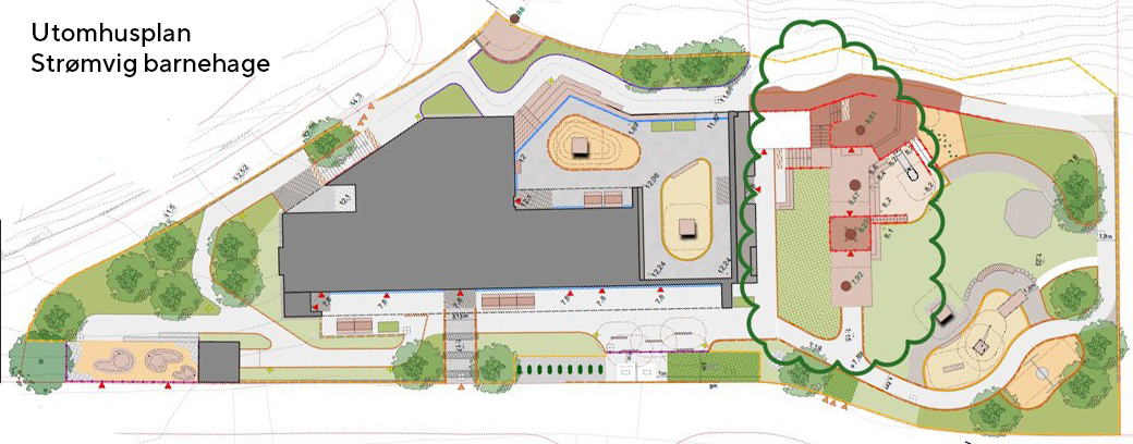 Kart som viser utomhusplan for barnehagetomten.