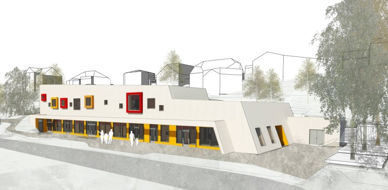 Tegning av langhstrakt bygg i to etasjer.