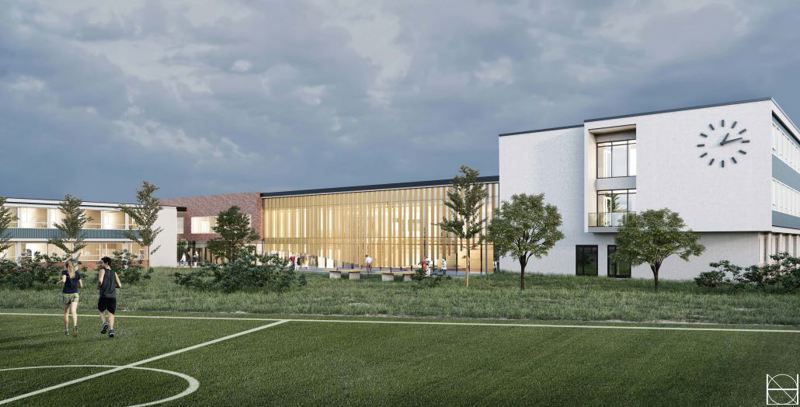 Tegning av nyrehabilitert skole sett på avstand