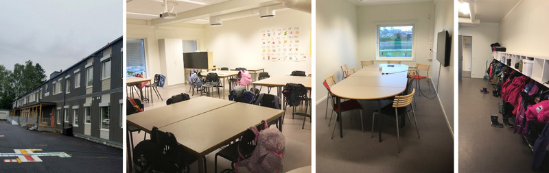 Kollasje av
 bilder utenpå og inni modulbygg, med klasserom, grupperom og garderobe