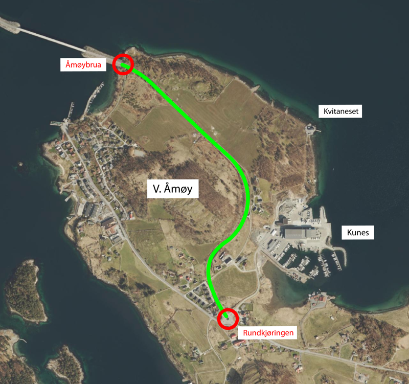 Bildet viser plasseringen av gang- og sykkelstien på Vestre Åmøy