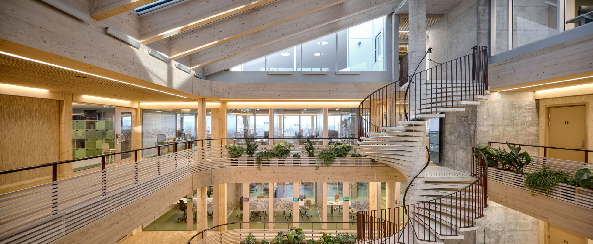 Gjennom innglassing og en ny trekjerne i atriet samles alle byggets etasjer, og blir felles romlig referanse.