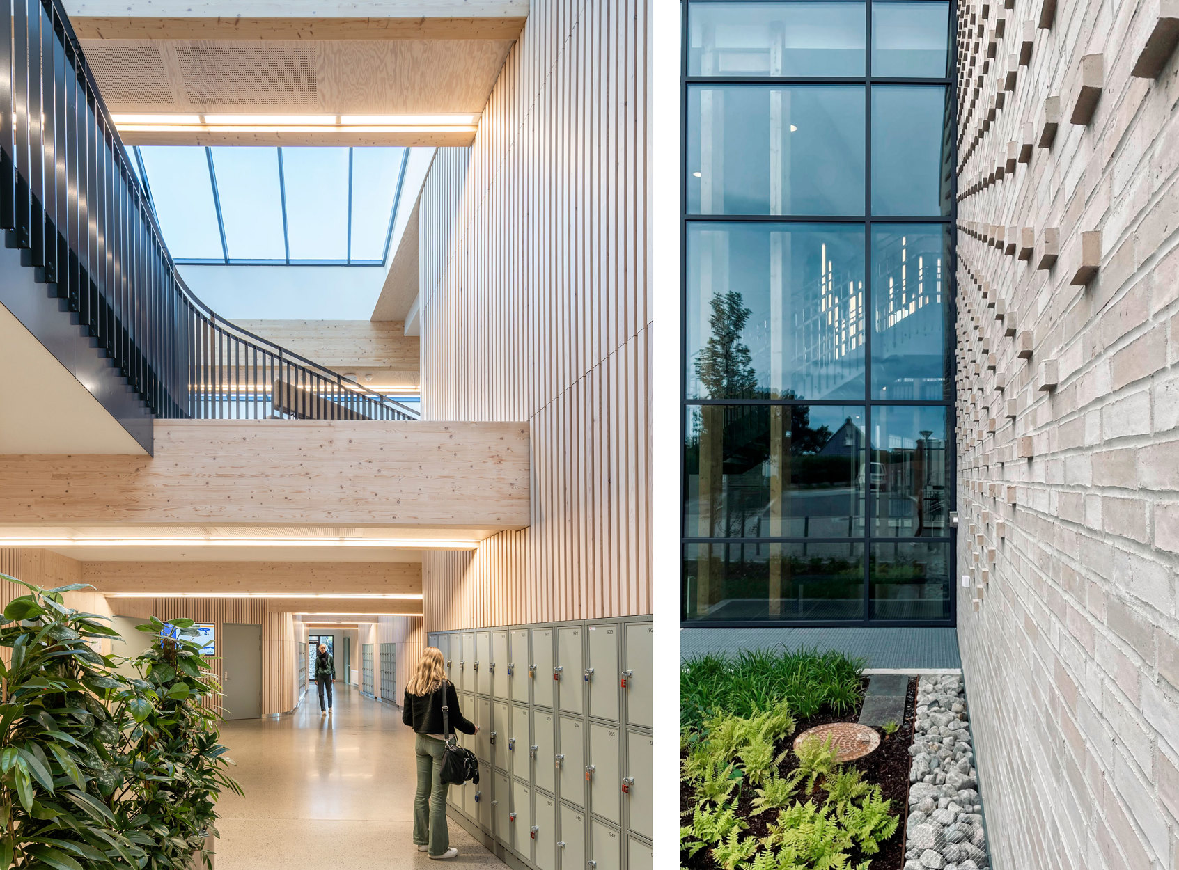 Materialbruk inne: Mye massivtre. Og ute: Teglstein.