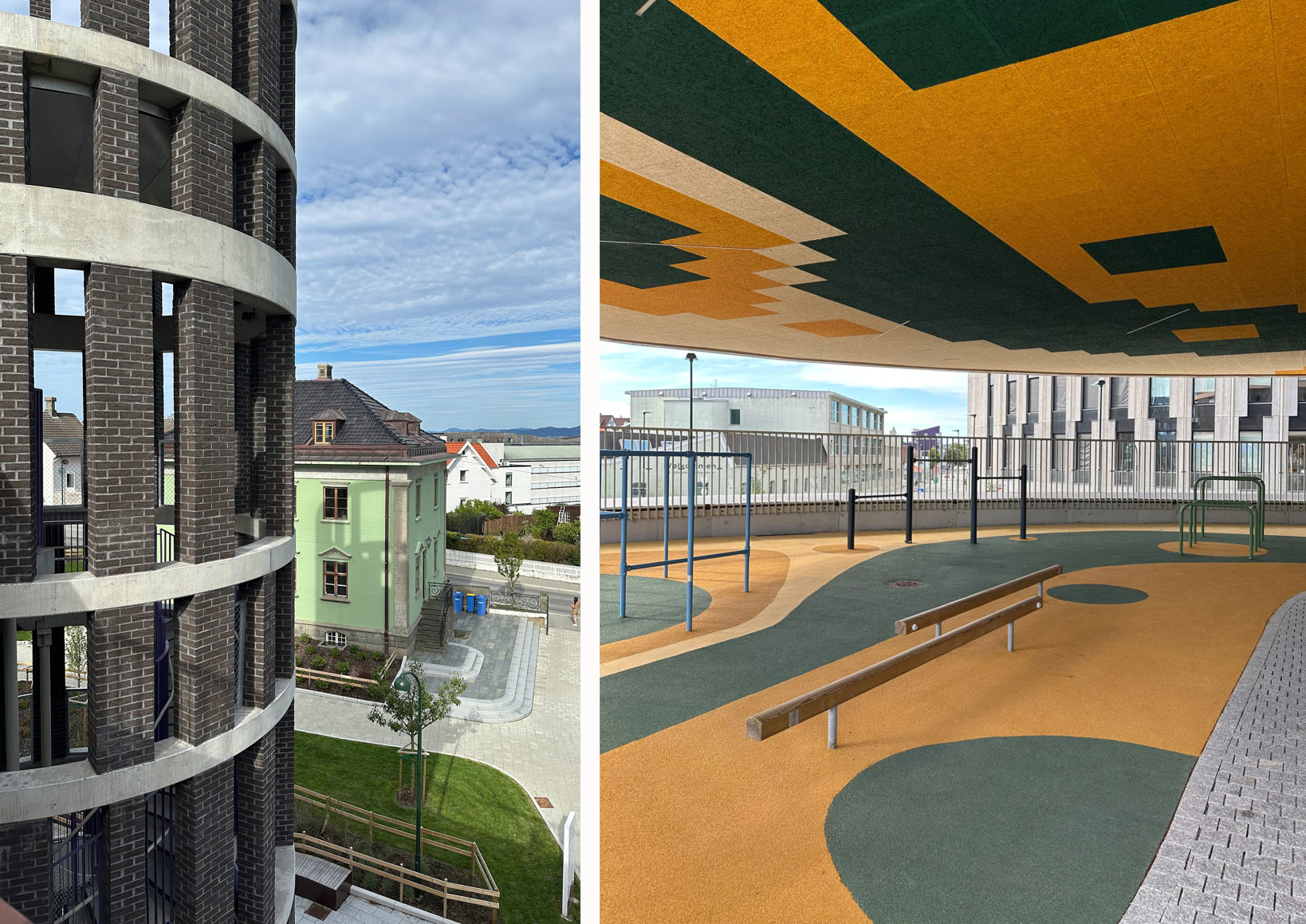 Det ene bildet viser utvendig trapp som har form som etterligner hagltårnet som en gang sto på tomten. Det andre bildet viser overbygd lekeareal som gir ly for regn.