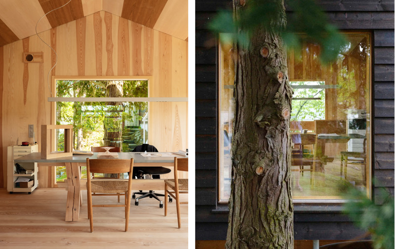 To bilder som viser det samme sett utenfra og innenfra. Et tre tett på annekset, og vindu ut mot treet.