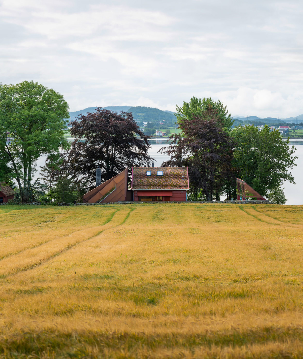 Gul åker i forgrunnen, hus med tilbygg og pergola midt i bildet, og fjorden i bakgrunnen.