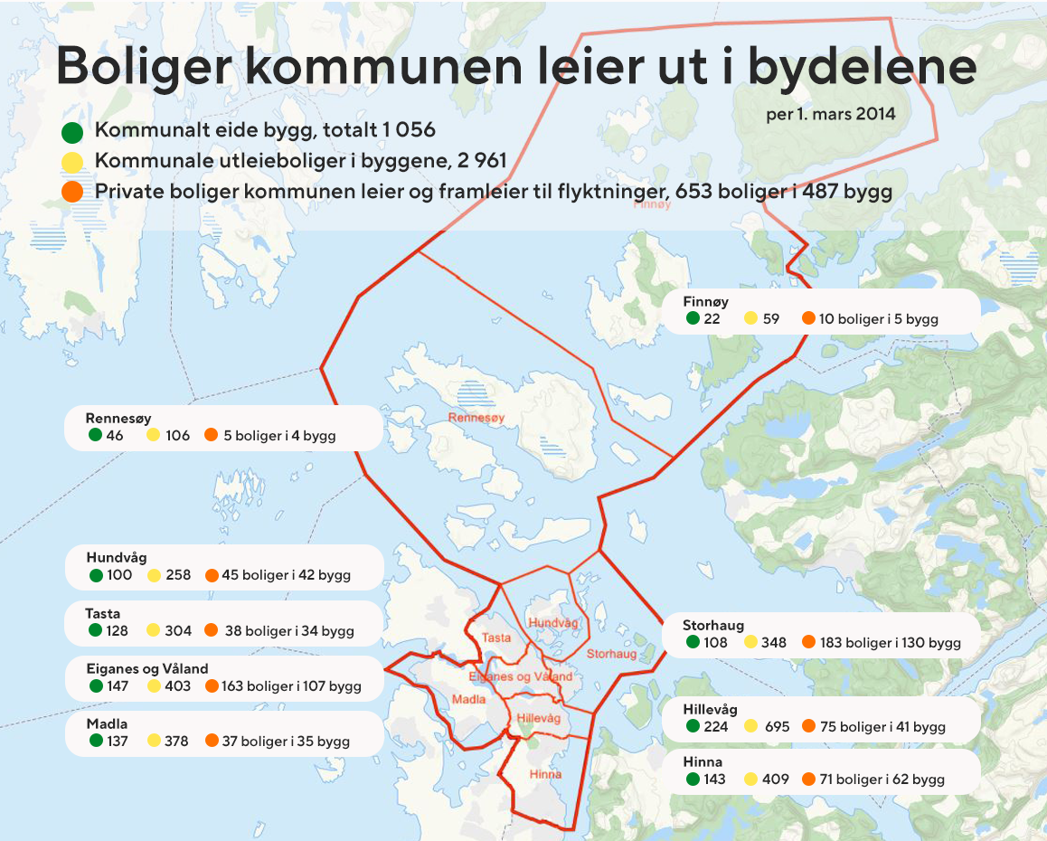 Kart som viser hvor i kommunen det er kommunale boliger og boliger kommunen har leid til flyktninger, pr 1. mars 2024.