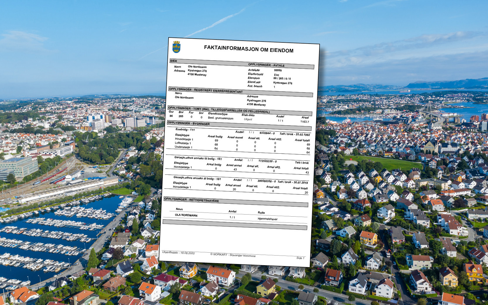 Bilde av et faktaark, flyfoto i bakgrunnen.