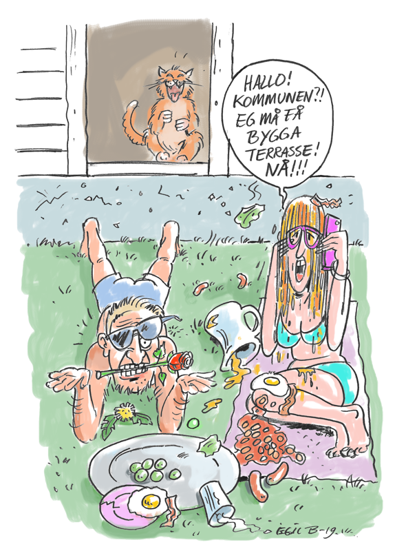 Humoristisk tegning av et par som ikke har terrasse. Mannen i huset skal bære ut mat til kona som venter ute, men snubler i dørterskelen pga stor høydeforskjell ned til plenen. Så ringer de til kommunen og ber om å få bygge terrasse. 